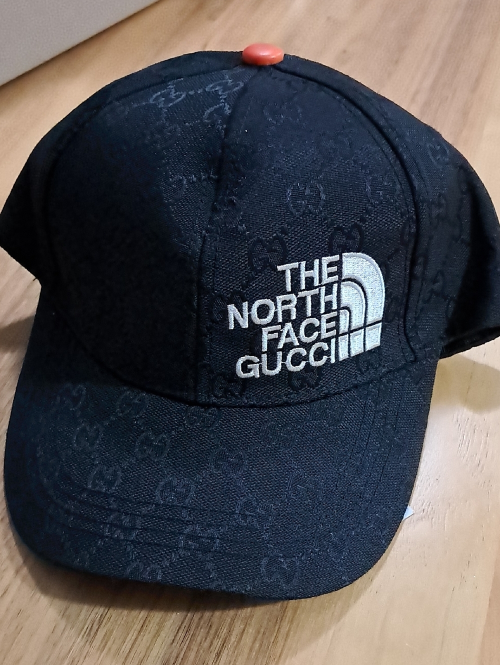 Gucci Black The North Face Logo Baseball Cap with Red Top Button